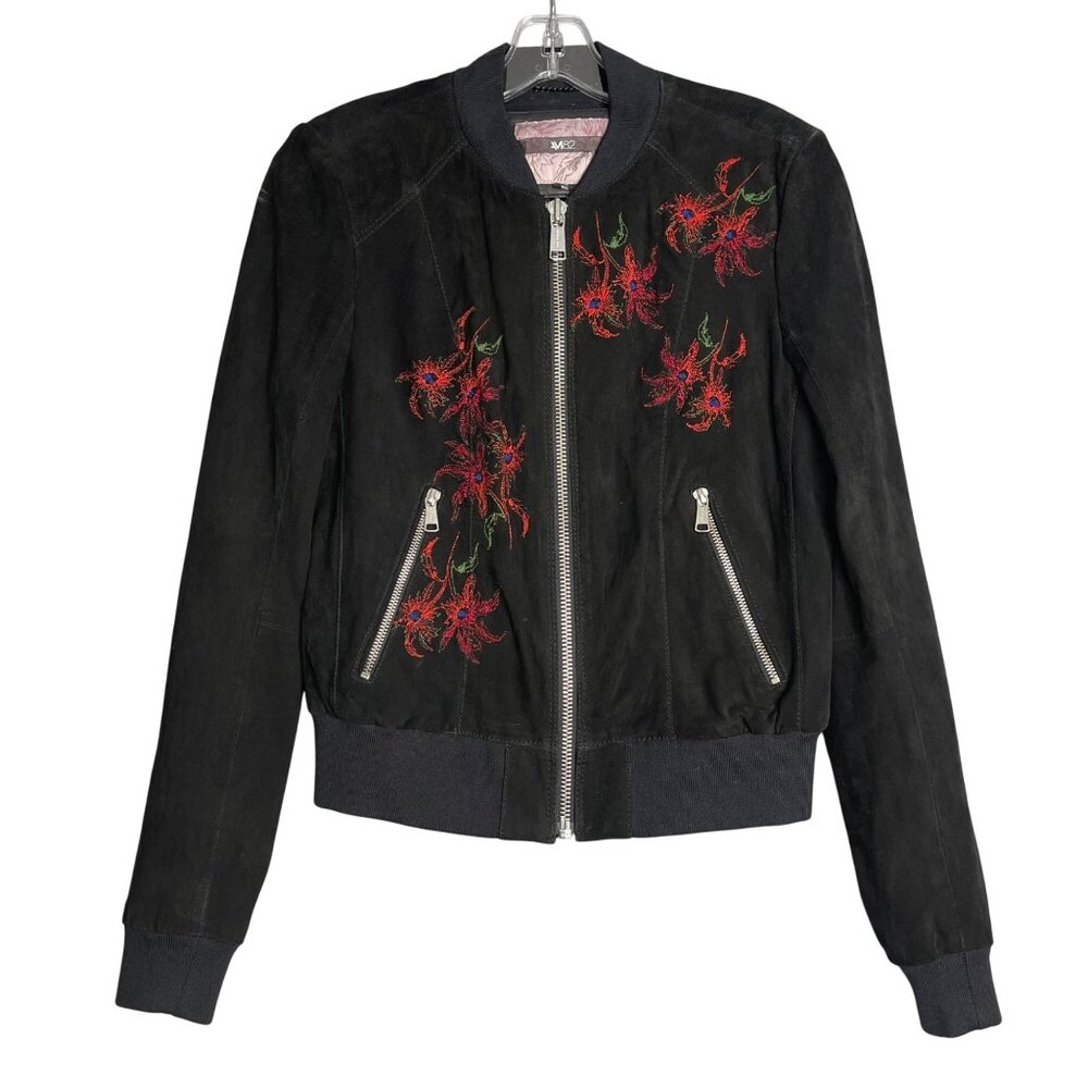 Andrew Marc Elie Suede Leather Bomber Jacket Womens XS Floral Embroidered AM82